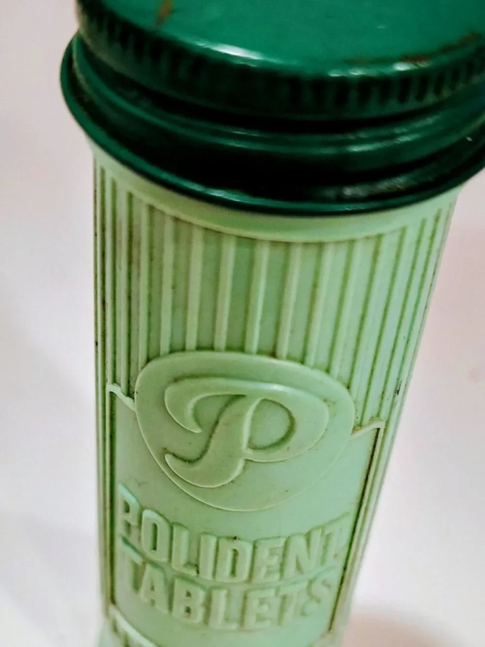 Vintage 1950's Green Polident Tablet Container Metal Lid
